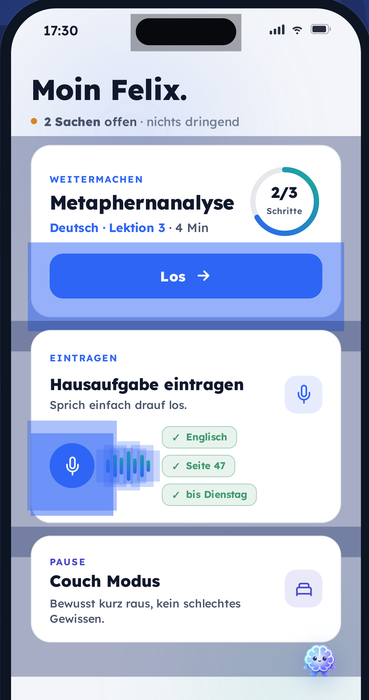 Claromind Home-Screen: Moin Felix, zwei Sachen offen, nichts dringend